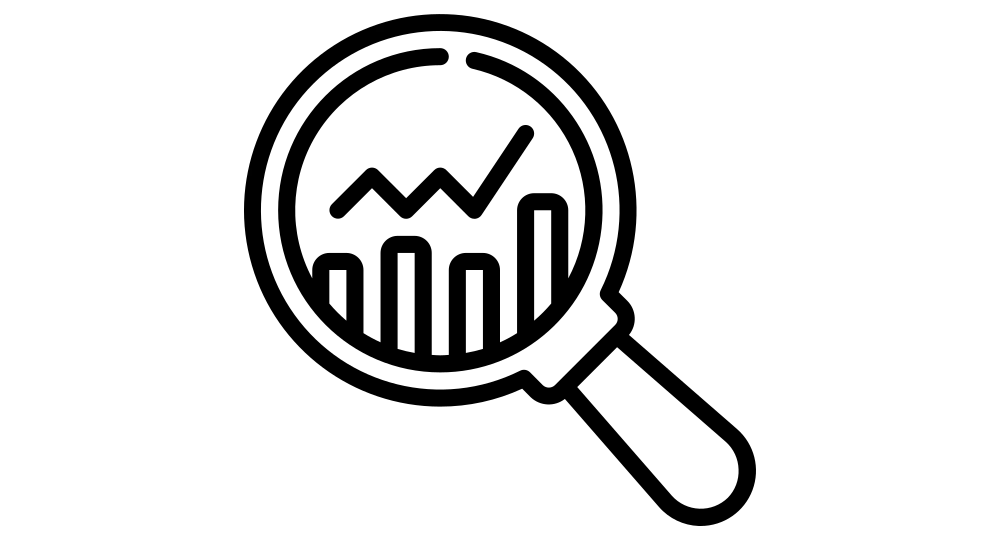 Lupe über Diagramm mit Balken und Linien