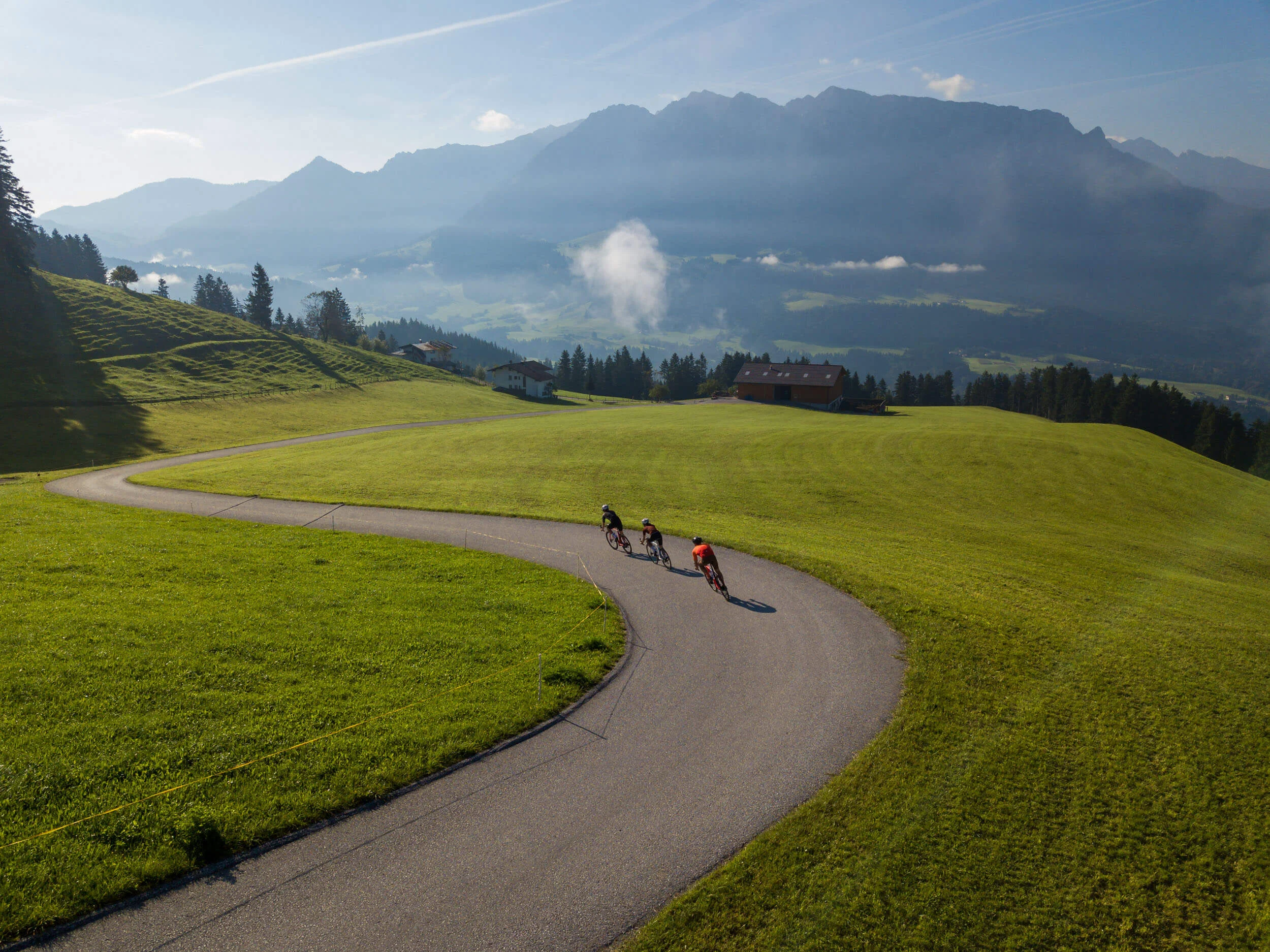 Roadbike Holidays © Christina Neubauer Drei Radfahrer fahren auf kurviger Straße durch grüne Alpenlandschaft