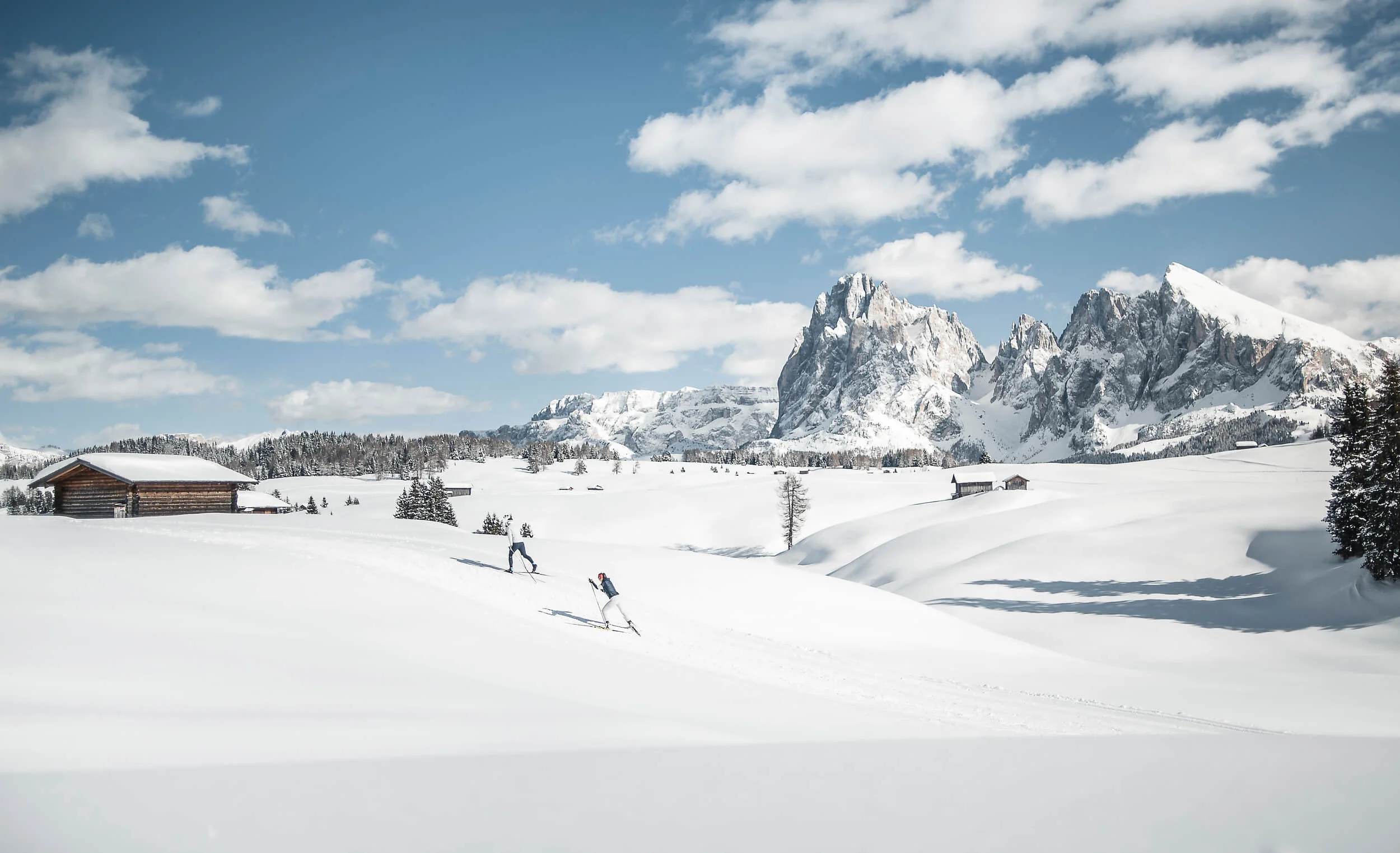 Zwei Skifahrer in verschneiter Berglandschaft mit Holzhütten und Gipfeln