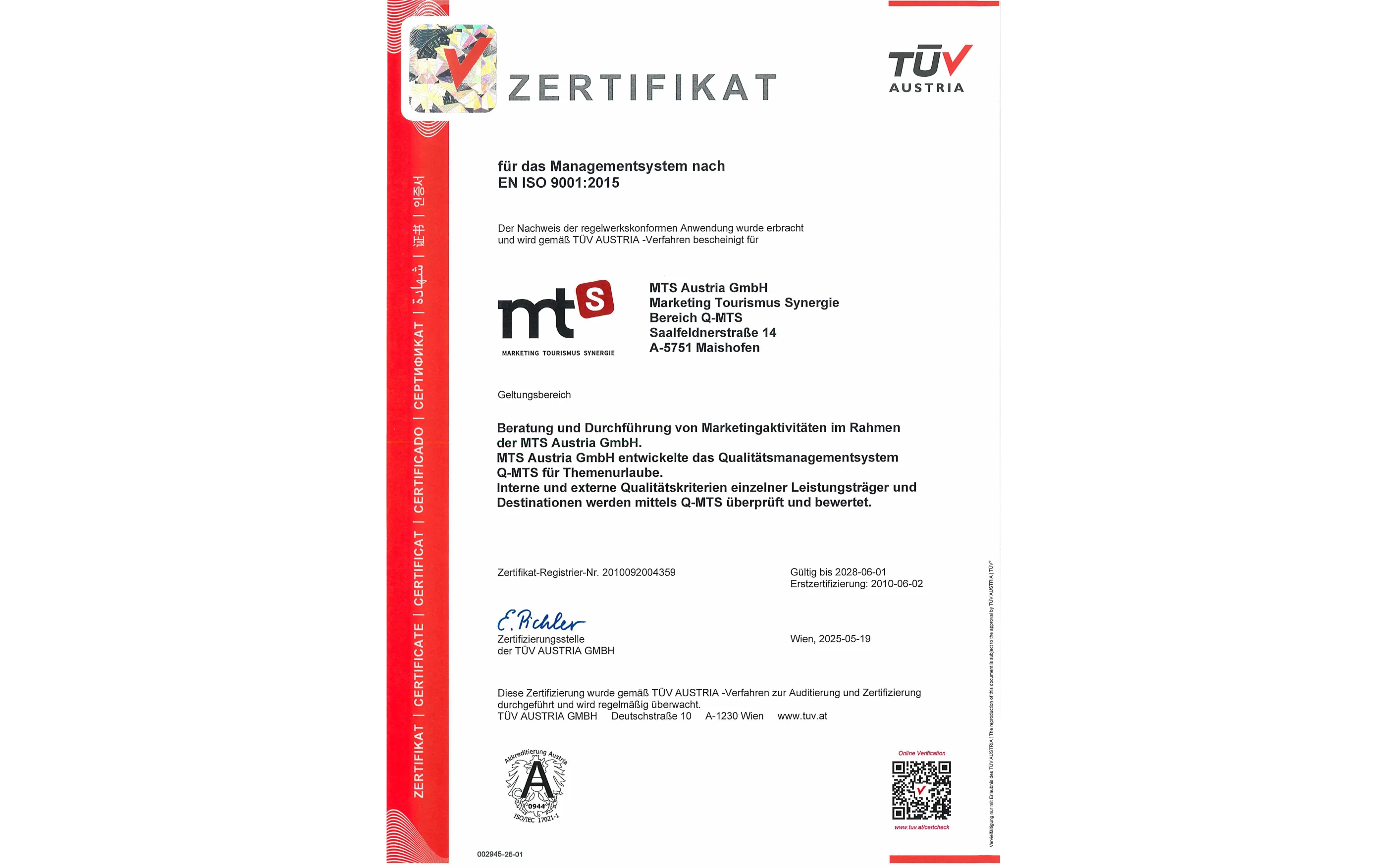 TÜV Austria Zertifikat für Qualitätsmanagement nach EN ISO 9001:2015 für MTS Austria GmbH
