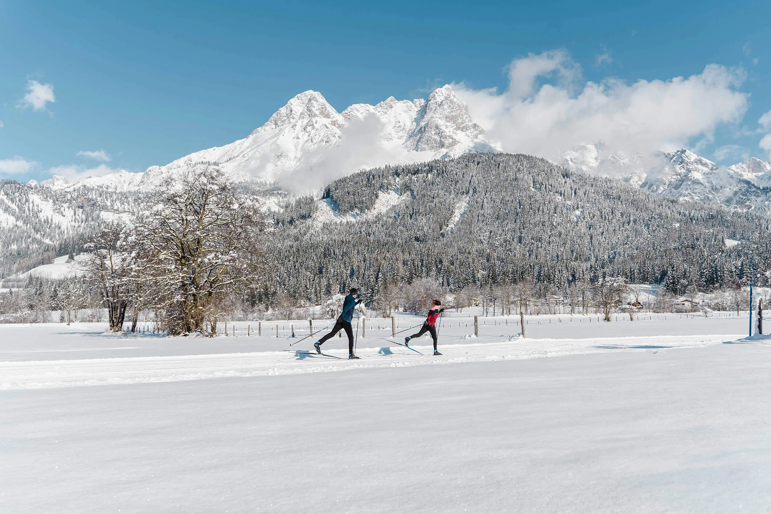 Langlauf & Skitourenhotel © Michael Geißler Zwei Langläufer in verschneiter Landschaft mit Bergen im Hintergrund