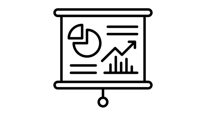 Symbol eines Präsentationsbildschirms mit Diagrammen und Pfeil nach oben
